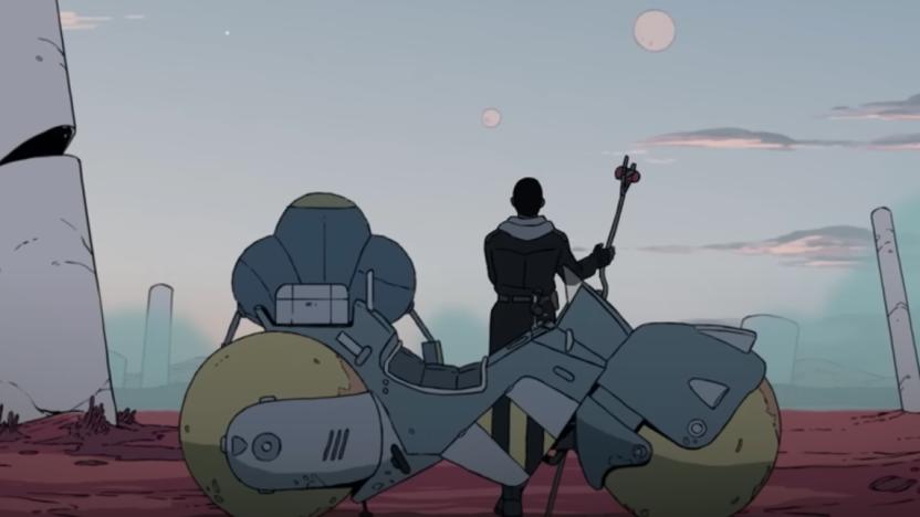 A still showing a lady on a planet.